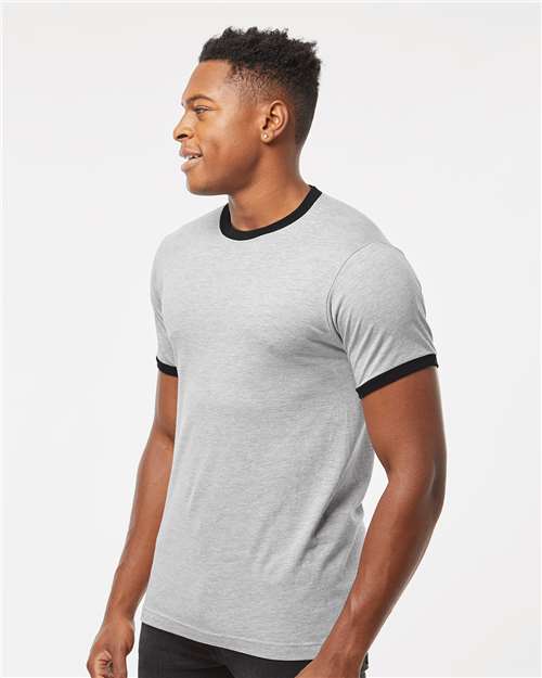 Tultex 246 Unisex Fine Jersey Ringer T-Shirt - Heather Grey/ Black - model side