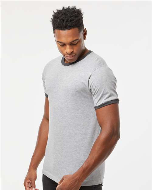 Tultex 246 Unisex Fine Jersey Ringer T-Shirt - Heather Grey/ Heather Charcoal - model side