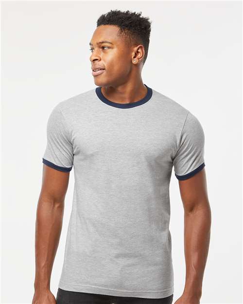 Tultex 246 Unisex Fine Jersey Ringer T-Shirt - Heather Grey/ Navy - model front