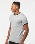 Tultex 246 Unisex Fine Jersey Ringer T-Shirt - Heather Grey/ Navy - model side
