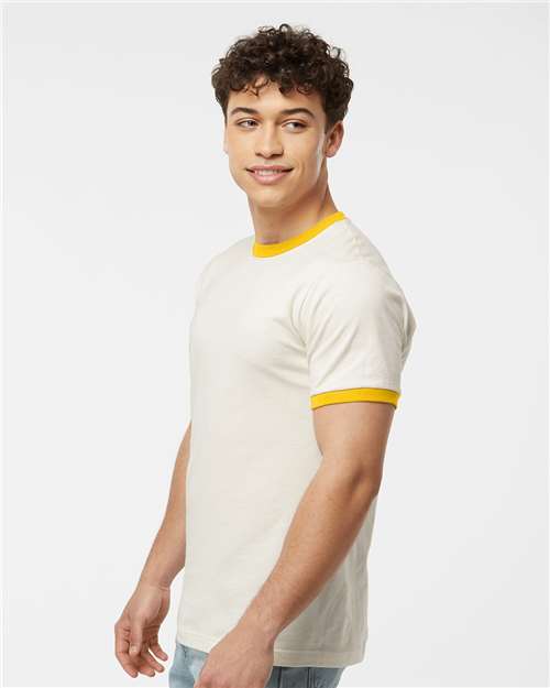 Tultex 246 Unisex Fine Jersey Ringer T-Shirt - Vintage White/ Mellow Yellow - model side