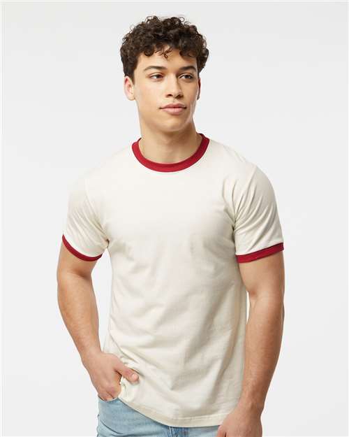 Tultex 246 Unisex Fine Jersey Ringer T-Shirt - Vintage White/ Rio Red - model front
