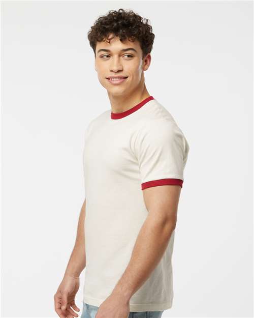 Tultex 246 Unisex Fine Jersey Ringer T-Shirt - Vintage White/ Rio Red - model side