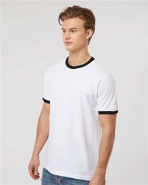 Tultex 246 Unisex Fine Jersey Ringer T-Shirt - White/ Black - model side