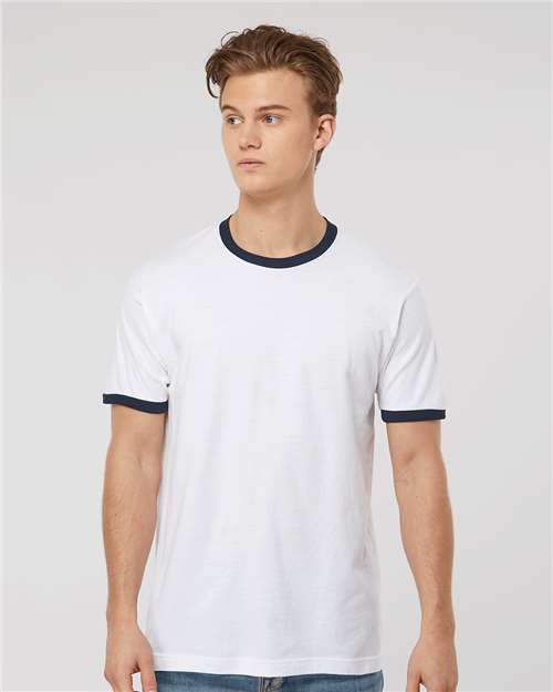 Tultex 246 Unisex Fine Jersey Ringer T-Shirt - White/ Navy - model front