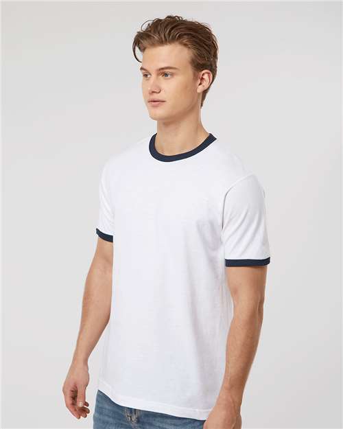 Tultex 246 Unisex Fine Jersey Ringer T-Shirt - White/ Navy - model side
