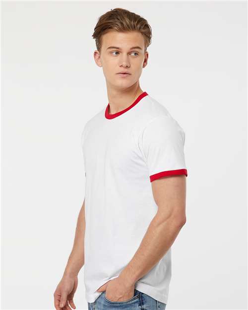 Tultex 246 Unisex Fine Jersey Ringer T-Shirt - White/ Red - model side