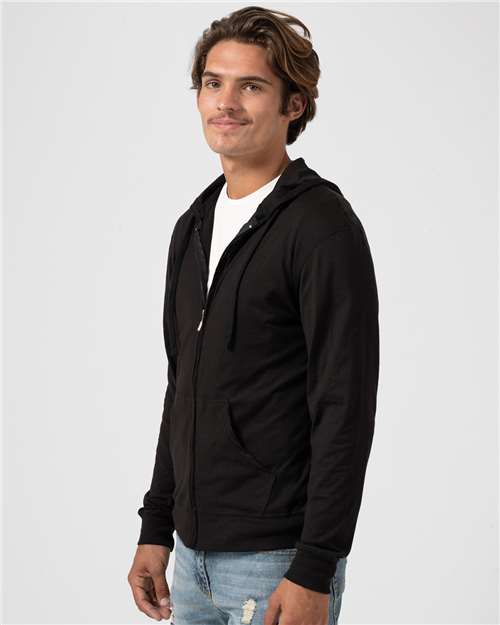 Tultex 260 Unisex Beach Full-Zip Hooded Long Sleeve T-Shirt - Black - model side