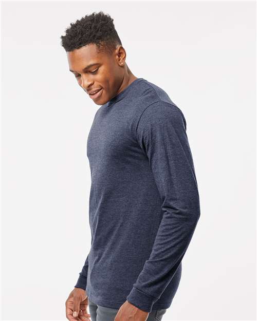 Tultex 291 Unisex Heavyweight Jersey Long Sleeve T-Shirt - Heather Denim - model side