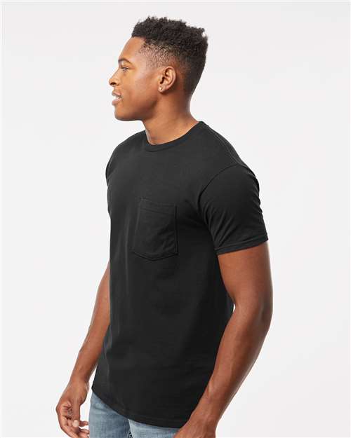 Tultex 293 Unisex Heavyweight Jersey Pocket T-Shirt - Black - model side