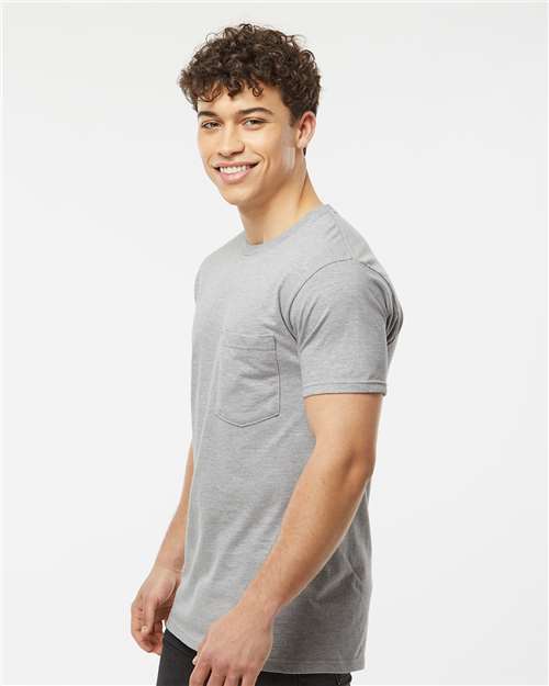 Tultex 293 Unisex Heavyweight Jersey Pocket T-Shirt - Heather Grey - model side