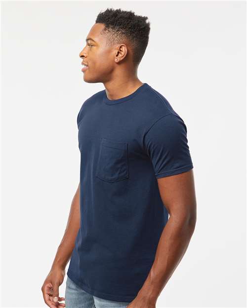 Tultex 293 Unisex Heavyweight Jersey Pocket T-Shirt - Navy - model side