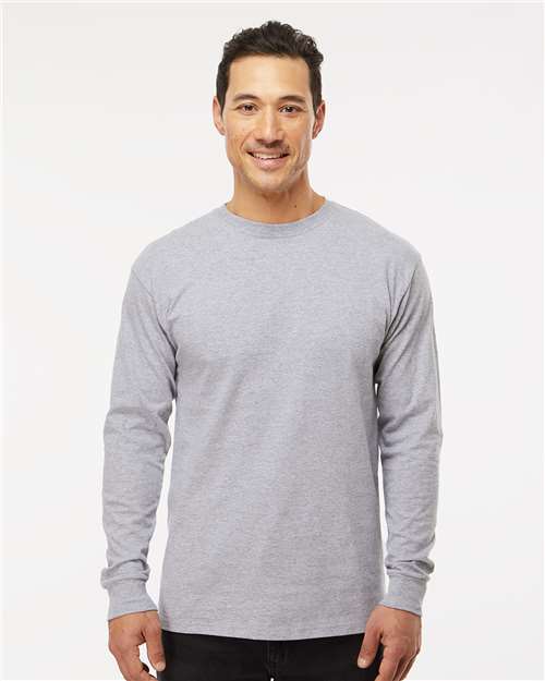 M&O 4820 Unisex Gold Soft Touch Long Sleeve T-Shirt - Athletic Grey - model front