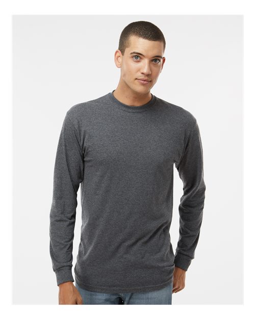 M&O 4820 Unisex Gold Soft Touch Long Sleeve T-Shirt - Dark Heather - model front