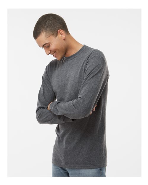 M&O 4820 Unisex Gold Soft Touch Long Sleeve T-Shirt - Dark Heather - model side