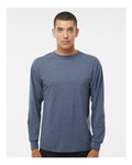 M&O 4820 Unisex Gold Soft Touch Long Sleeve T-Shirt - Heather Navy - model front