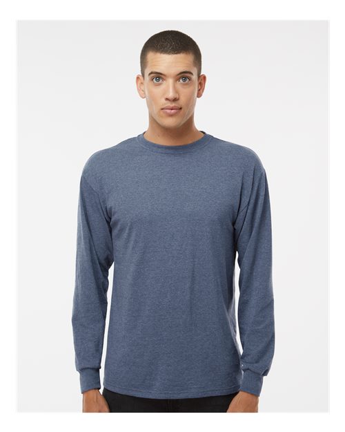 M&O 4820 Unisex Gold Soft Touch Long Sleeve T-Shirt - Heather Navy - model front