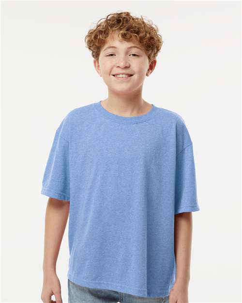 M&O 4850 Youth Gold Soft Touch T-Shirt - Light Blue Heather - model front