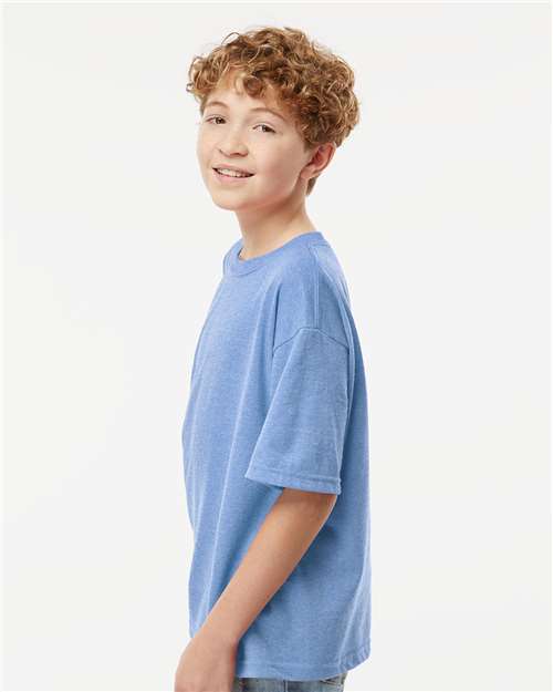M&O 4850 Youth Gold Soft Touch T-Shirt - Light Blue Heather - model side