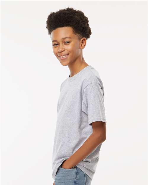 M&O 4850 Youth Gold Soft Touch T-Shirt - Athletic Grey - model side