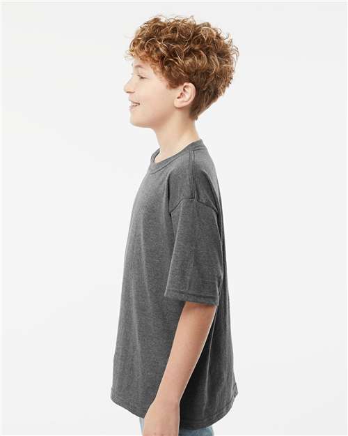 M&O 4850 Youth Gold Soft Touch T-Shirt - Dark Heather - model side