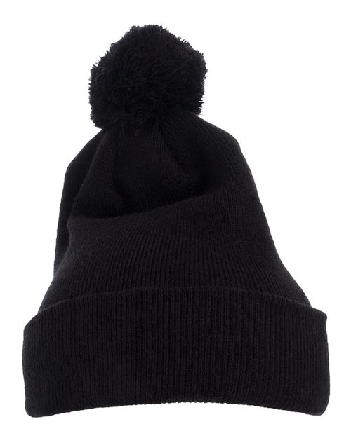 Yupoong 1501P Pom-Pom Cuffed Knit Beanie - Black - front