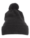 Yupoong 1501P Pom-Pom Cuffed Knit Beanie - Dark Grey - front