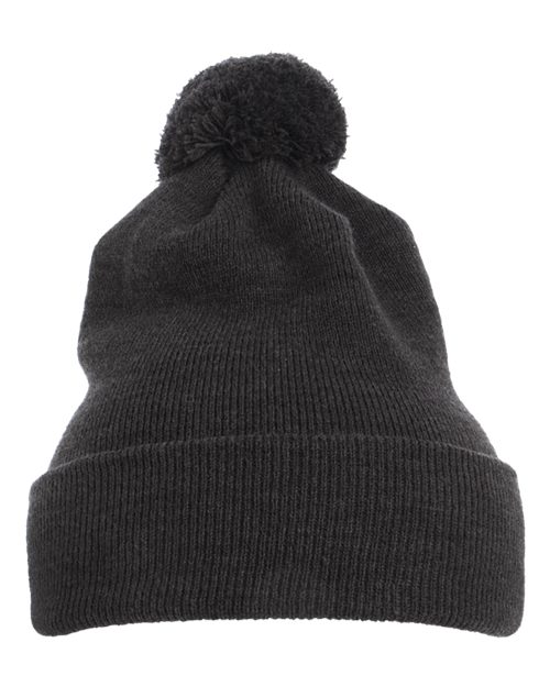 Yupoong 1501P Pom-Pom Cuffed Knit Beanie - Dark Grey - front