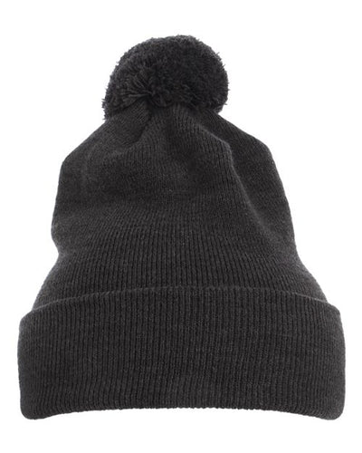 Yupoong 1501P Pom-Pom Cuffed Knit Beanie - Dark Grey - front