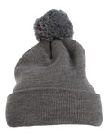 Yupoong 1501P Pom-Pom Cuffed Knit Beanie - Heather Grey - front