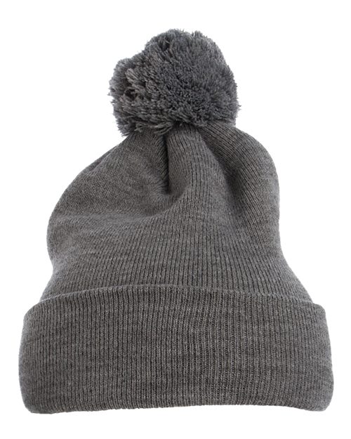 Yupoong 1501P Pom-Pom Cuffed Knit Beanie - Heather Grey - front