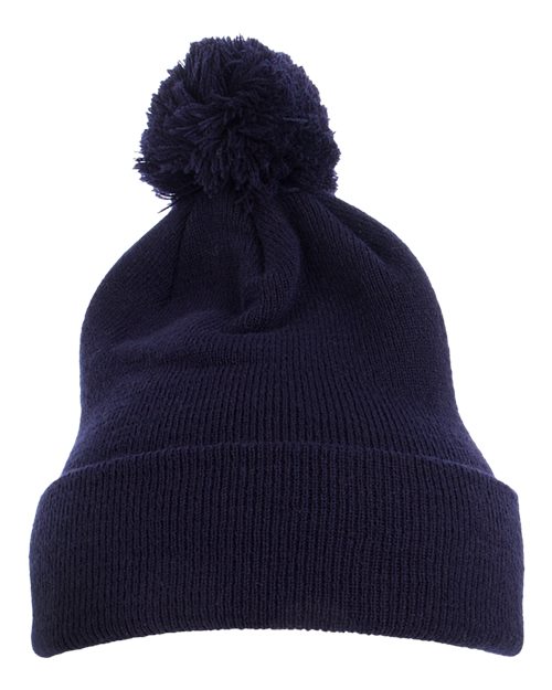 Yupoong 1501P Pom-Pom Cuffed Knit Beanie - Navy - front