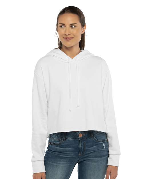 Next Level 9384 Women's Laguna Sueded Raw Edge Crop Hoodie Sweatshirt - White - model front