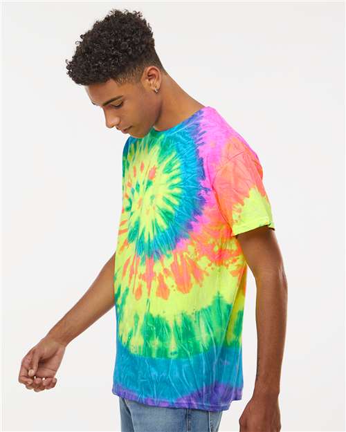 Colortone 1000 Unisex Multi-Color Tie-Dyed T-Shirt - Neon Rainbow - model side
