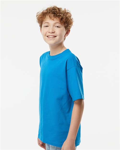 M&O 4850 Youth Gold Soft Touch T-Shirt - Turquoise - model side