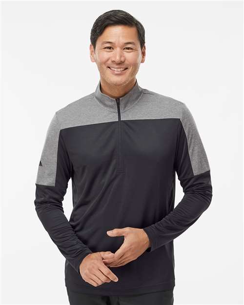 Adidas A552 Men's Ultimate365 Lightweight Colorblocked Quarter-Zip Pullover - Black/ Grey Three Melange - model front