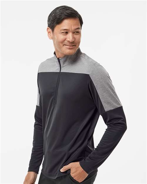 Adidas A552 Men's Ultimate365 Lightweight Colorblocked Quarter-Zip Pullover - Black/ Grey Three Melange - model side