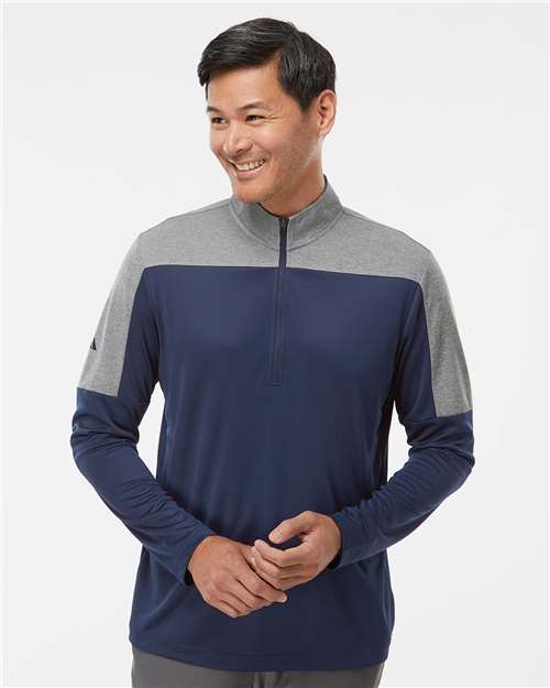 Adidas A552 Men's Ultimate365 Lightweight Colorblocked Quarter-Zip Pullover - Collegiate Navy/ Grey Three Melange - model front