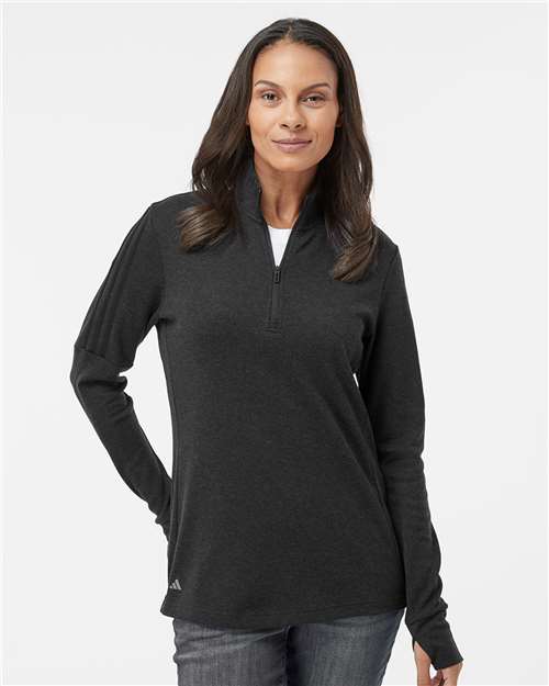 Adidas A555 Women's 3-Stripes Quarter-Zip Sweater Pullover - Black Melange - model front