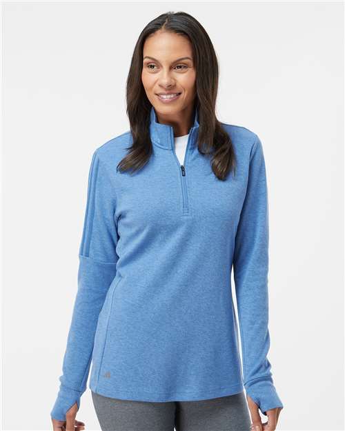 Adidas A555 Women's 3-Stripes Quarter-Zip Sweater Pullover - Focus Blue Melange - model front