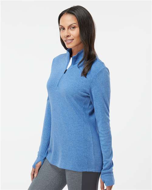 Adidas A555 Women's 3-Stripes Quarter-Zip Sweater Pullover - Focus Blue Melange - model side