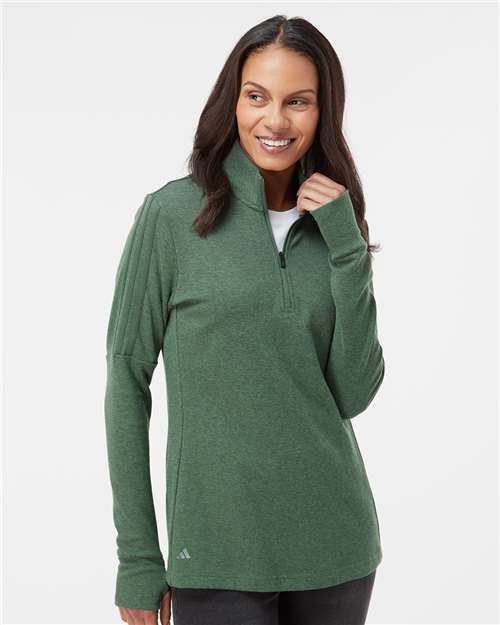 Adidas A555 Women's 3-Stripes Quarter-Zip Sweater Pullover - Green Oxide Melange - model front