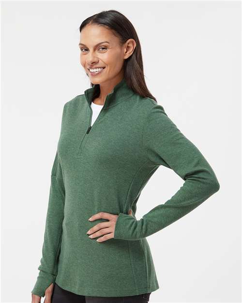 Adidas A555 Women's 3-Stripes Quarter-Zip Sweater Pullover - Green Oxide Melange - model side