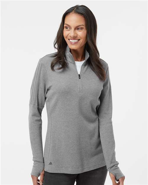 Adidas A555 Women's 3-Stripes Quarter-Zip Sweater Pullover - Grey Three Melange - model front