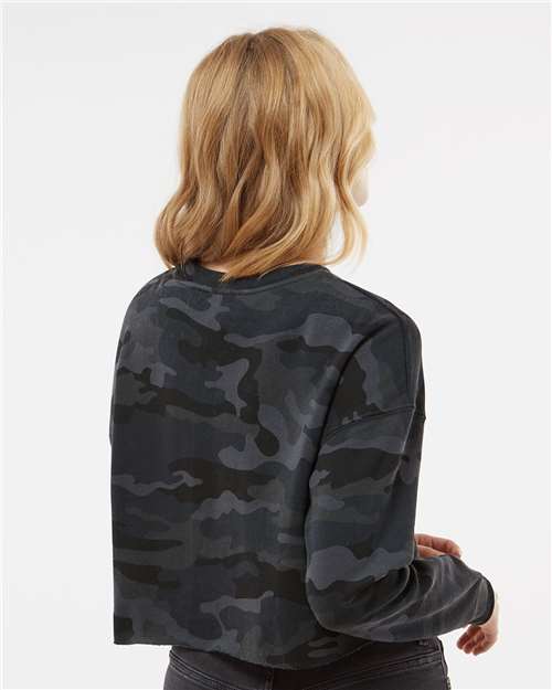 Independent Trading Co. AFX24CRP Women's Lightweight Crop Crewneck Sweatshirt - Black Camo - model back