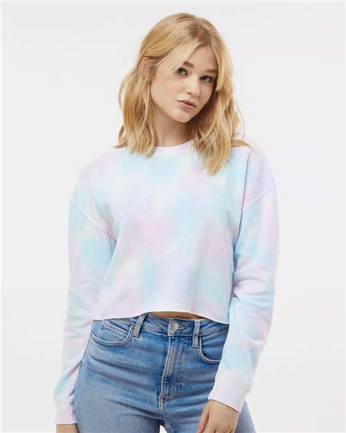 Independent Trading Co. AFX24CRP Women's Lightweight Crop Crewneck Sweatshirt - Tie Dye Cotton Candy - model front
