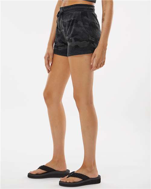 Independent Trading Co. PRM20SRT Women’s Lightweight California Wave Wash Fleece Shorts - Black Camo Heather - model side