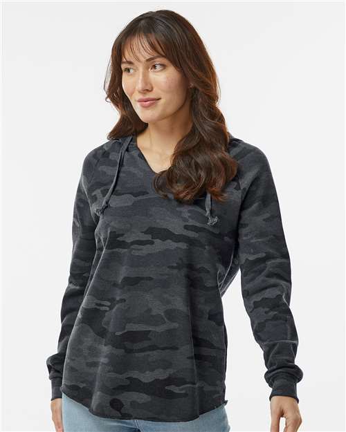 Independent Trading Co. PRM2500 Women’s Lightweight California Wave Wash Hooded Sweatshirt - Black Camo Heather - model front