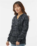 Independent Trading Co. PRM2500 Women’s Lightweight California Wave Wash Hooded Sweatshirt - Black Camo Heather - model side