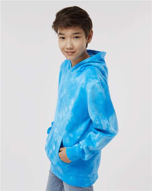 Independent Trading Co. PRM1500TD Youth Midweight Tie-Dyed Hooded Sweatshirt - Tie Dye Aqua Blue - model side